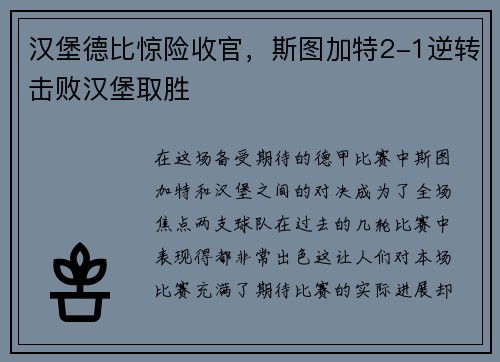 汉堡德比惊险收官，斯图加特2-1逆转击败汉堡取胜