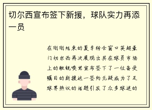 切尔西宣布签下新援，球队实力再添一员